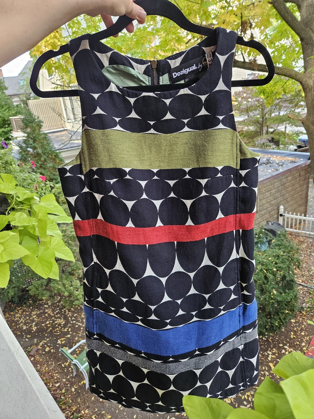 Stylish Desigual La Croix mini dress with Dots and Olive, Red, Blue Stripes!